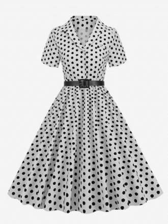 Robe Rétro Pour Femmes Des Années 1950. Style Audrey Hepburn Col Rabattu Boutons Manches Courtes Trapèze À Pois