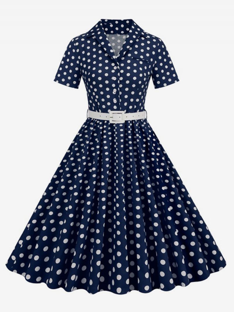 Robe Rétro Pour Femmes Des Années 1950. Style Audrey Hepburn Col Rabattu Boutons Manches Courtes Trapèze À Pois - Bleu Marine Foncé