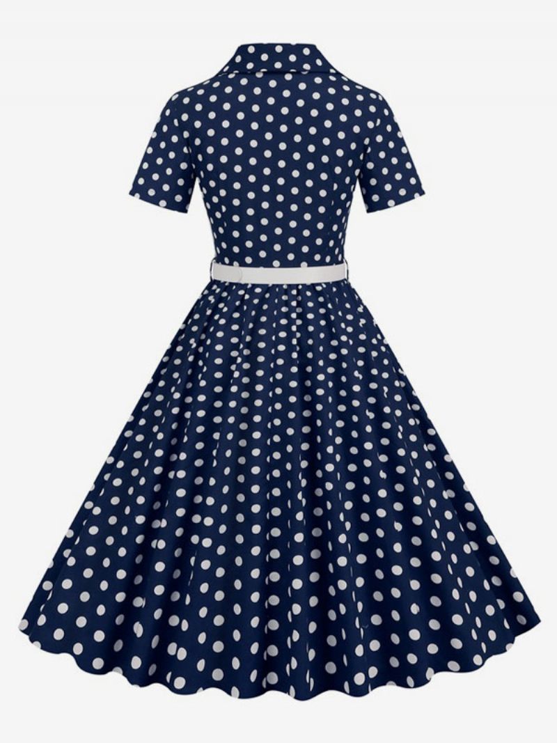 Robe Rétro Pour Femmes Des Années 1950. Style Audrey Hepburn Col Rabattu Boutons Manches Courtes Trapèze À Pois - Bleu Marine Foncé