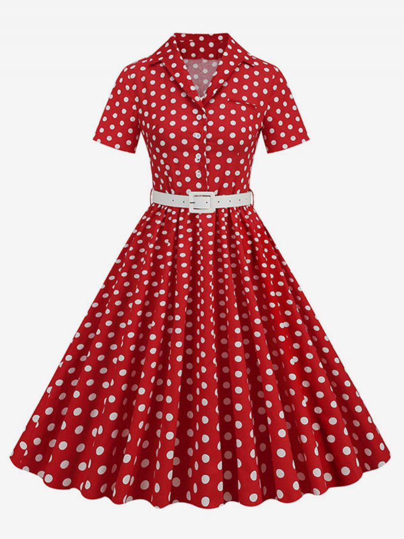 Robe Rétro Pour Femmes Des Années 1950. Style Audrey Hepburn Col Rabattu Boutons Manches Courtes Trapèze À Pois - Rouge