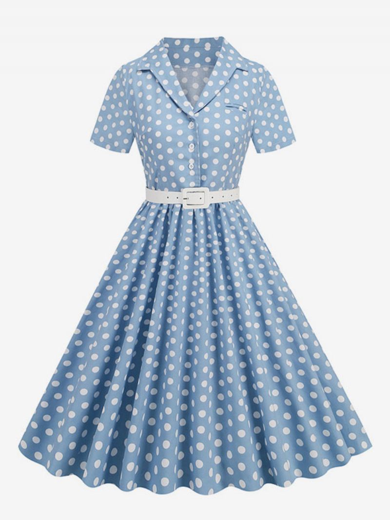 Robe Rétro Pour Femmes Des Années 1950. Style Audrey Hepburn Col Rabattu Boutons Manches Courtes Trapèze À Pois - Bleu Ciel Clair