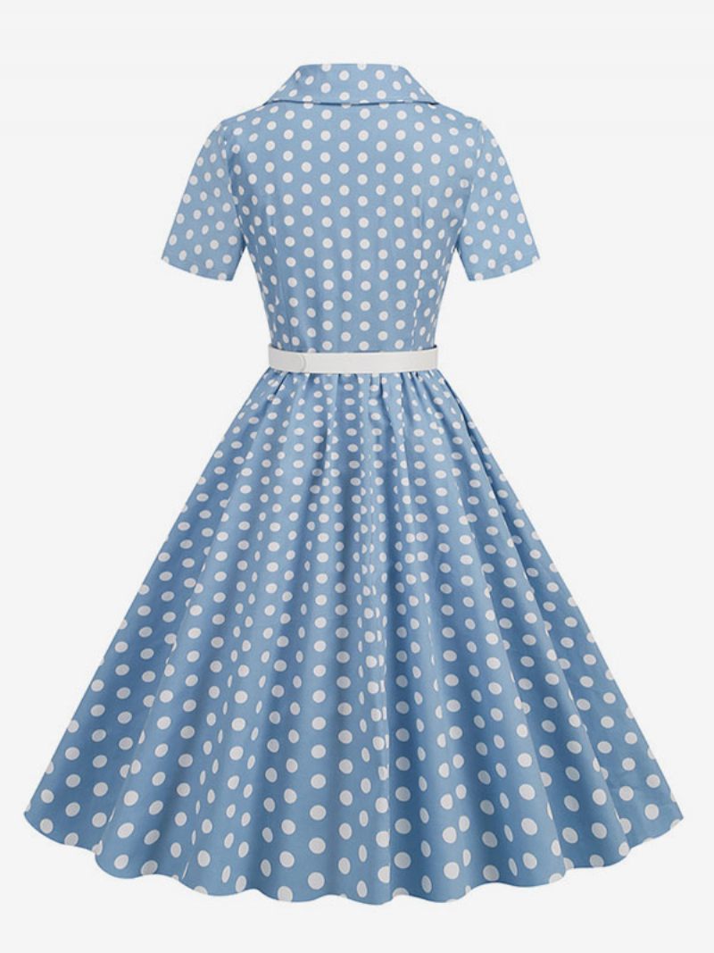 Robe Rétro Pour Femmes Des Années 1950. Style Audrey Hepburn Col Rabattu Boutons Manches Courtes Trapèze À Pois - Bleu Ciel Clair