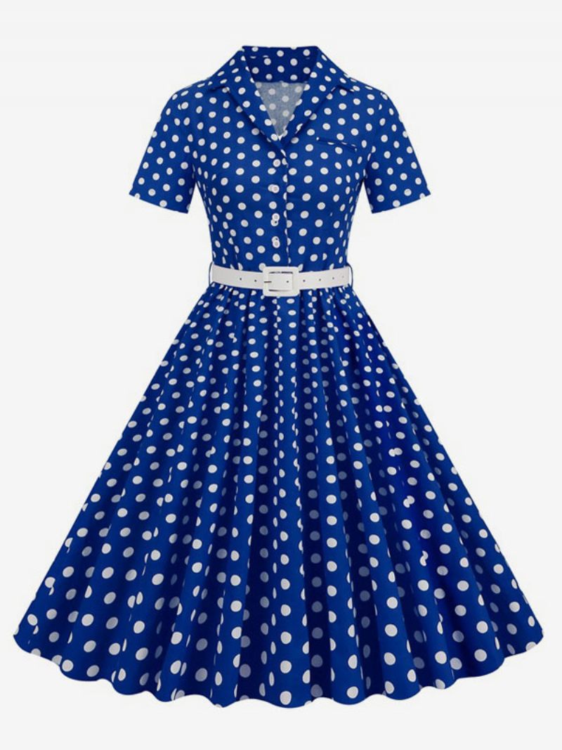 Robe Rétro Pour Femmes Des Années 1950. Style Audrey Hepburn Col Rabattu Boutons Manches Courtes Trapèze À Pois - Bleu Royal