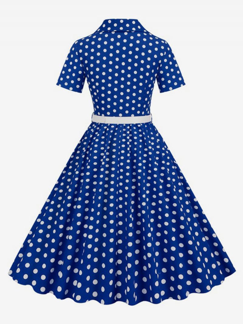 Robe Rétro Pour Femmes Des Années 1950. Style Audrey Hepburn Col Rabattu Boutons Manches Courtes Trapèze À Pois - Bleu Royal