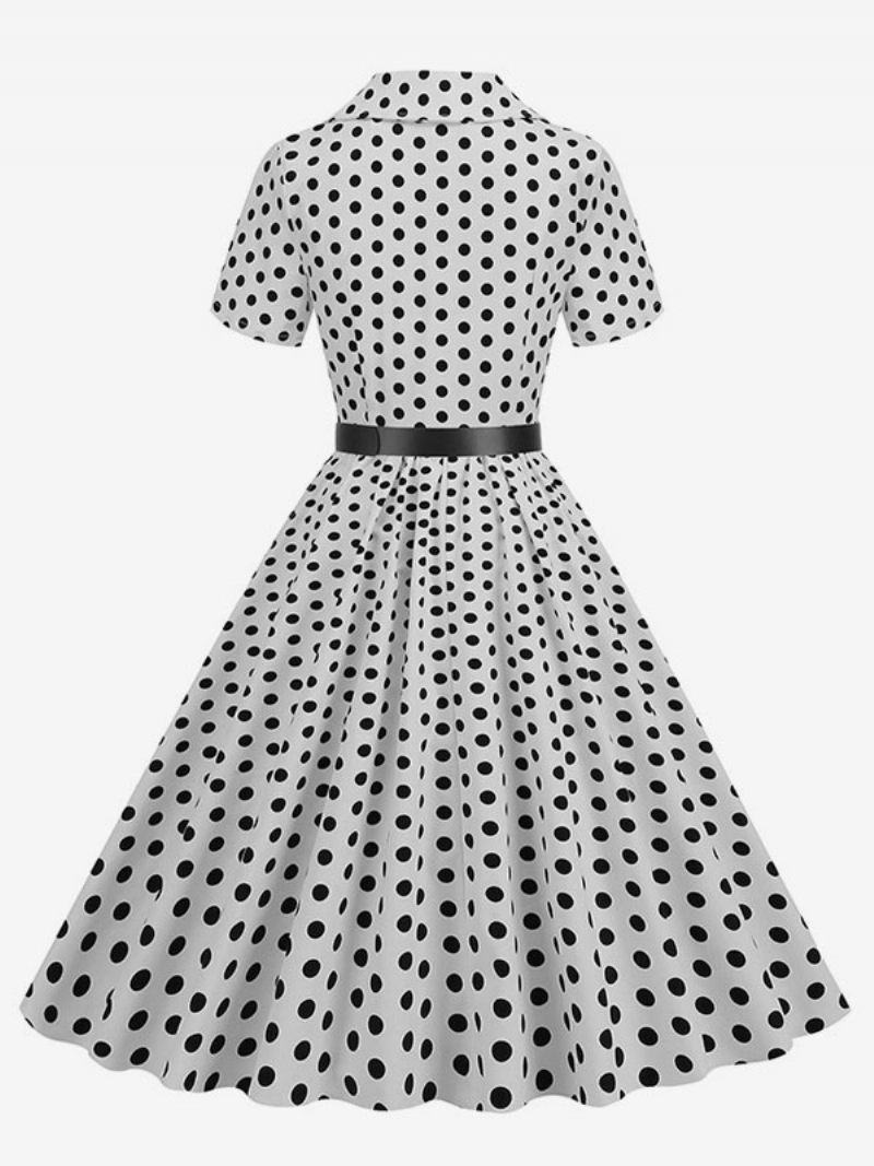 Robe Rétro Pour Femmes Des Années 1950. Style Audrey Hepburn Col Rabattu Boutons Manches Courtes Trapèze À Pois - Blanc