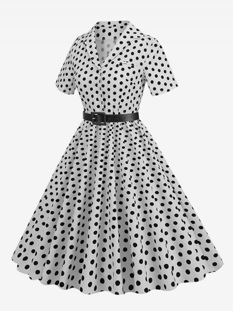 Robe Rétro Pour Femmes Des Années 1950. Style Audrey Hepburn Col Rabattu Boutons Manches Courtes Trapèze À Pois - Blanc