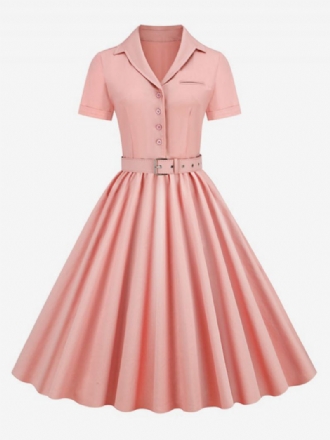 Robe Rétro Pour Femmes Des Années 1950. Style Audrey Hepburn Col V Boutons Superposés Manches Courtes Rockabilly Moyenne