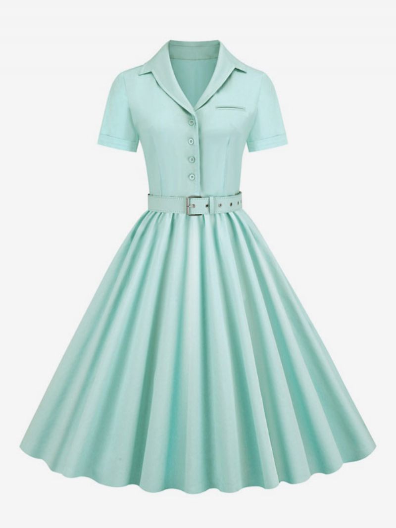 Robe Rétro Pour Femmes Des Années 1950. Style Audrey Hepburn Col V Boutons Superposés Manches Courtes Rockabilly Moyenne - Vert Clair