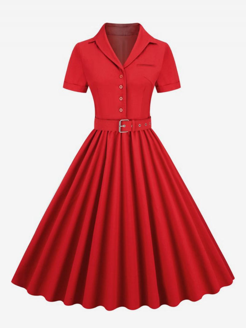 Robe Rétro Pour Femmes Des Années 1950. Style Audrey Hepburn Col V Boutons Superposés Manches Courtes Rockabilly Moyenne - Rouge