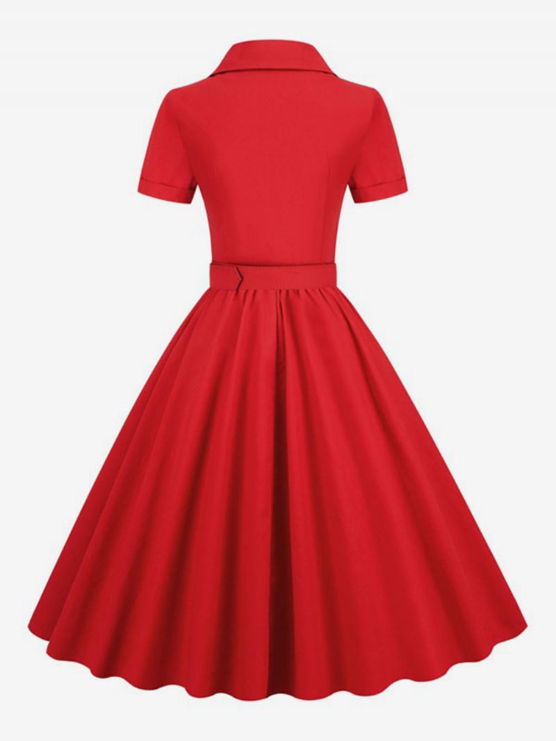 Robe Rétro Pour Femmes Des Années 1950. Style Audrey Hepburn Col V Boutons Superposés Manches Courtes Rockabilly Moyenne - Rouge