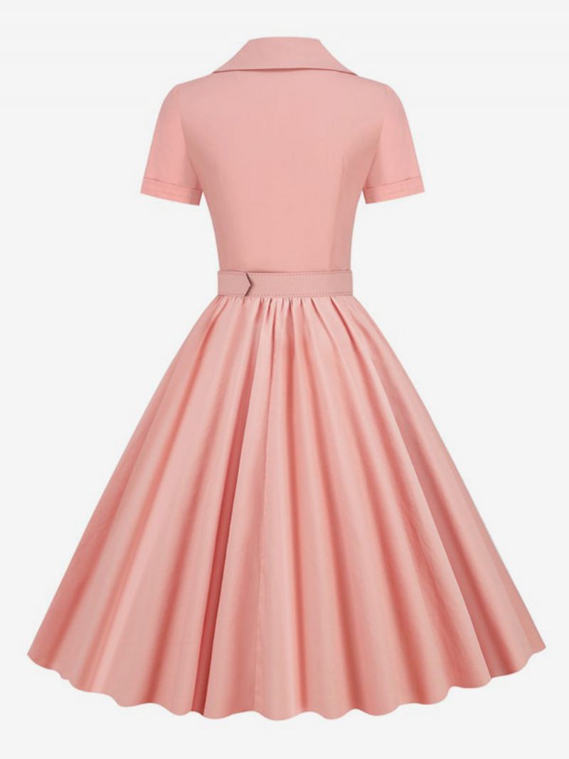 Robe Rétro Pour Femmes Des Années 1950. Style Audrey Hepburn Col V Boutons Superposés Manches Courtes Rockabilly Moyenne - Rose