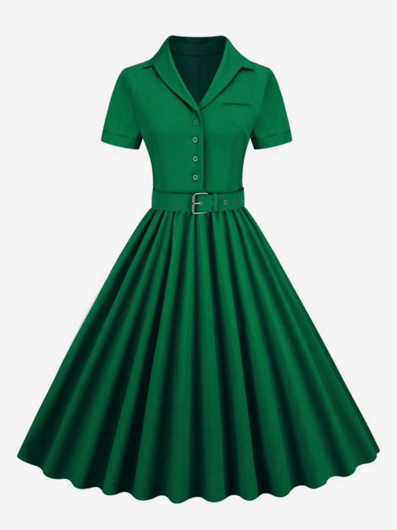 Robe Rétro Pour Femmes Des Années 1950. Style Audrey Hepburn Col V Boutons Superposés Manches Courtes Rockabilly Moyenne - Vert Foncé