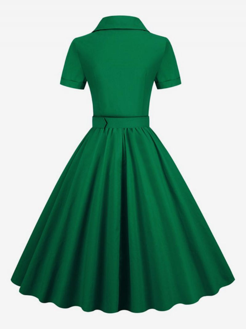 Robe Rétro Pour Femmes Des Années 1950. Style Audrey Hepburn Col V Boutons Superposés Manches Courtes Rockabilly Moyenne - Vert Foncé