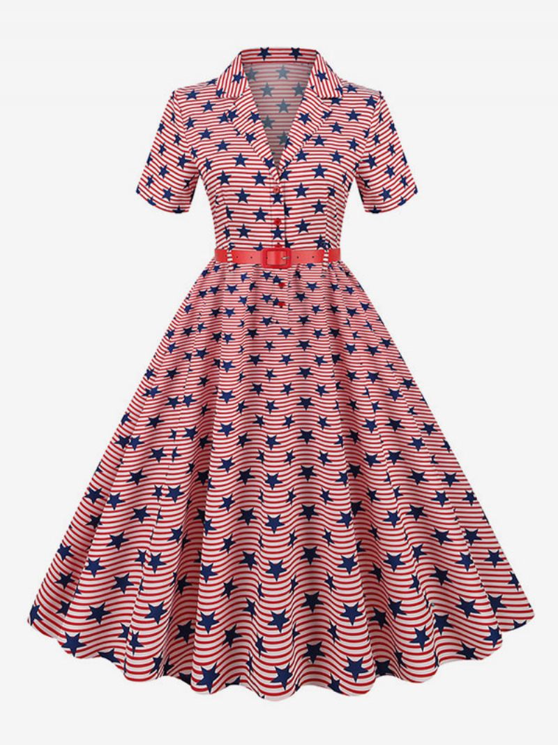 Robe Rétro Pour Femmes Des Années 1950. Style Audrey Hepburn Col V Ceinture Superposée Manches Courtes Drapeau Moyen Rockabilly