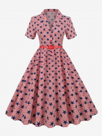 Robe Rétro Pour Femmes Des Années 1950. Style Audrey Hepburn Col V Ceinture Superposée Manches Courtes Drapeau Moyen Rockabilly