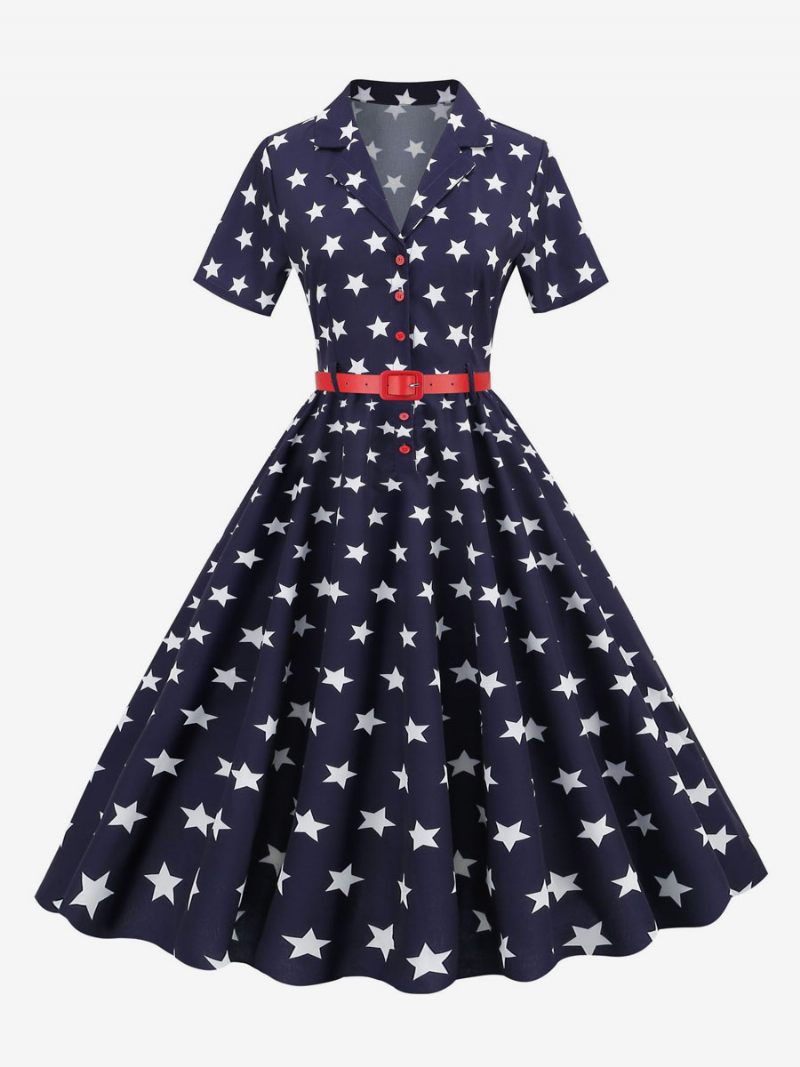 Robe Rétro Pour Femmes Des Années 1950. Style Audrey Hepburn Col V Ceinture Superposée Manches Courtes Drapeau Moyen Rockabilly - Marine Foncé