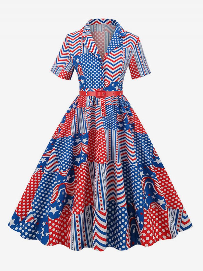 Robe Rétro Pour Femmes Des Années 1950. Style Audrey Hepburn Col V Ceinture Superposée Manches Courtes Drapeau Moyen Rockabilly - Bleu