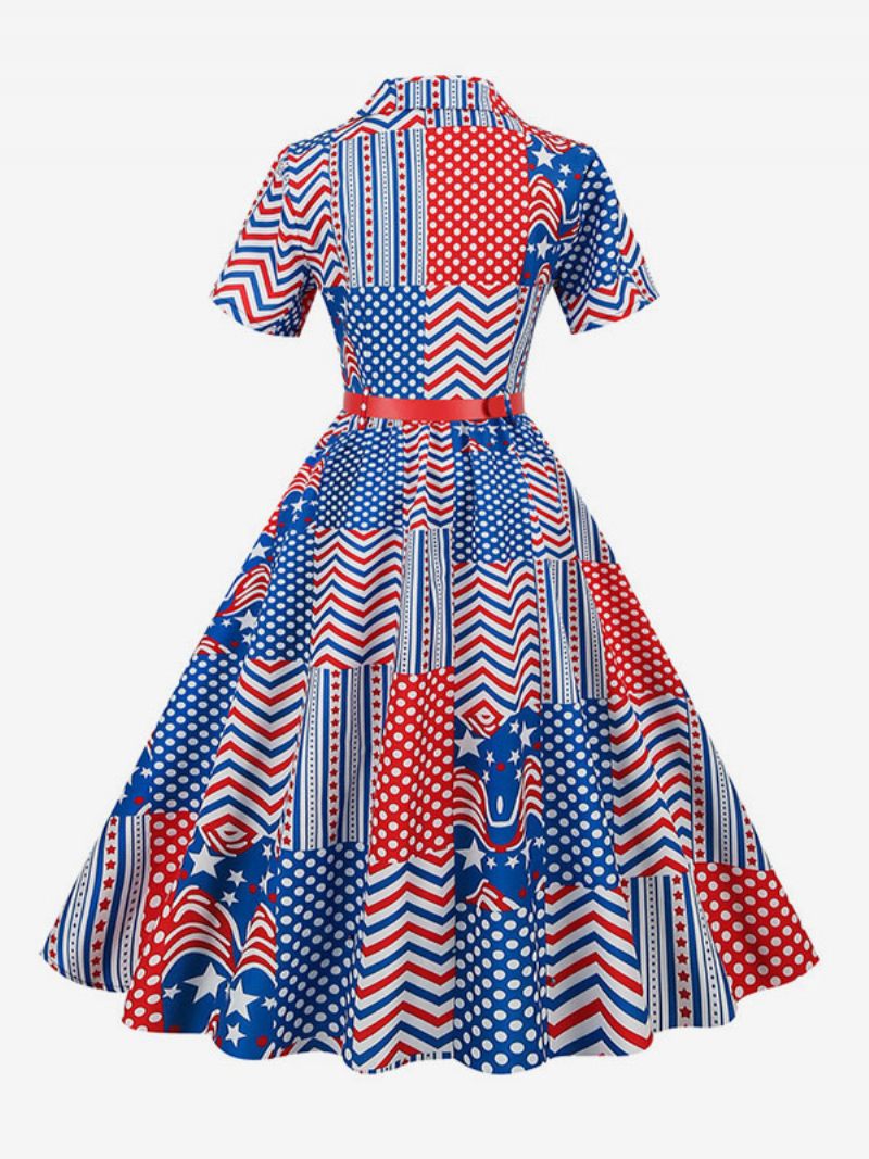 Robe Rétro Pour Femmes Des Années 1950. Style Audrey Hepburn Col V Ceinture Superposée Manches Courtes Drapeau Moyen Rockabilly - Bleu