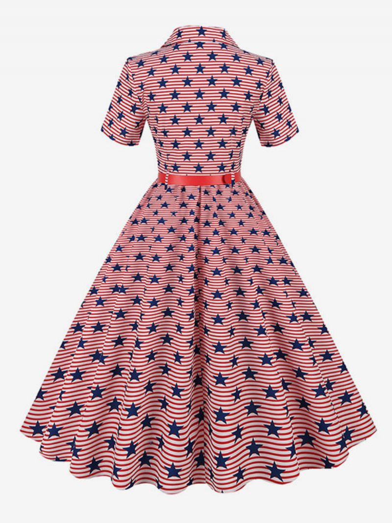 Robe Rétro Pour Femmes Des Années 1950. Style Audrey Hepburn Col V Ceinture Superposée Manches Courtes Drapeau Moyen Rockabilly - Rose