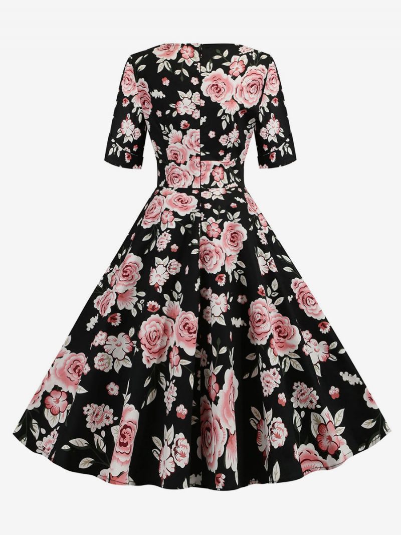 Robe Rétro Pour Femmes Des Années 1950. Style Audrey Hepburn Col V Demi-manches Trapèze Imprimée Moyenne - Noir