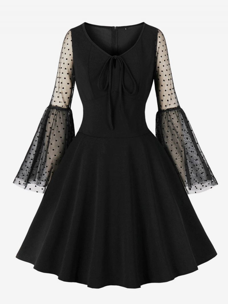 Robe Rétro Pour Femmes Des Années 1950. Style Audrey Hepburn Col V Manches Longues Longueur Aux Genoux Rockabilly Noire