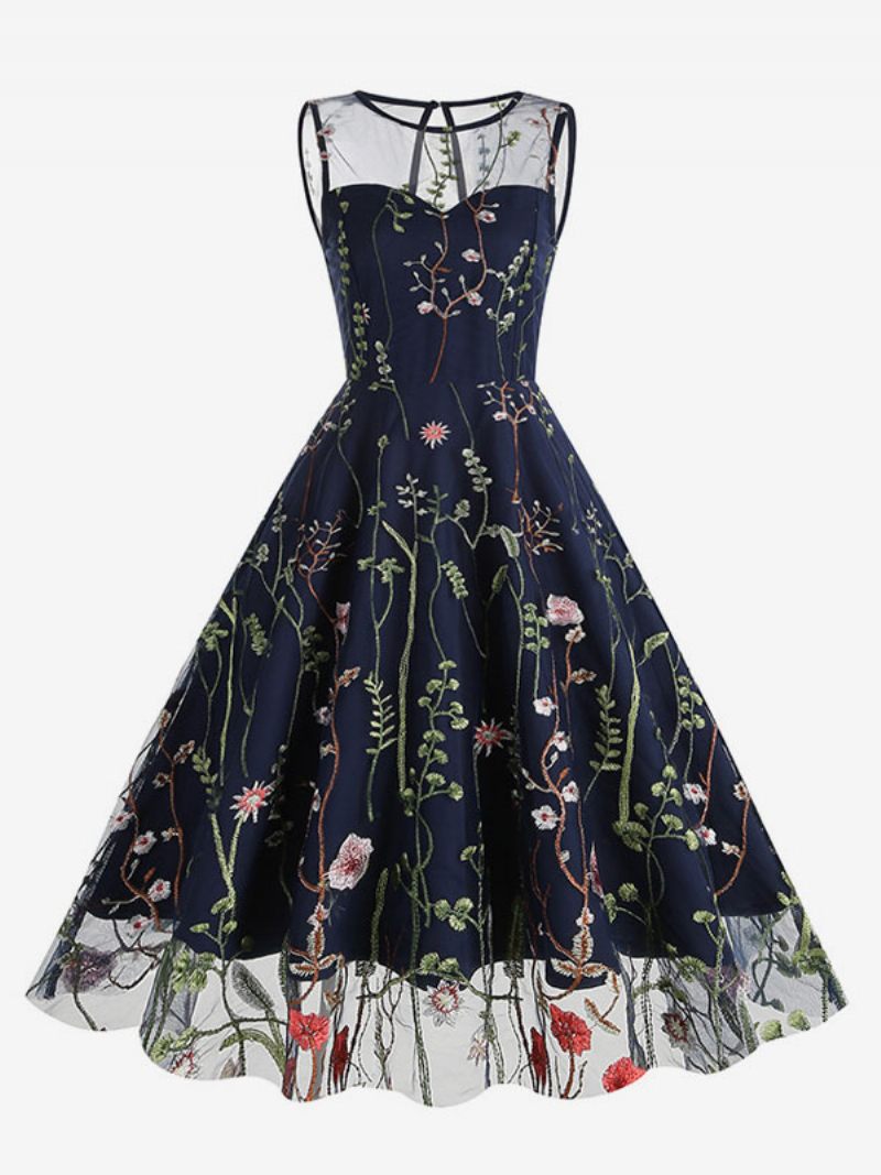 Robe Rétro Pour Femmes Des Années 1950. Style Audrey Hepburn Imprimé Floral Bleu Pure Broderie Sans Manches Col Bijou Rockabilly