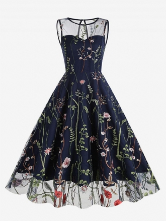 Robe Rétro Pour Femmes Des Années 1950. Style Audrey Hepburn Imprimé Floral Bleu Pure Broderie Sans Manches Col Bijou Rockabilly