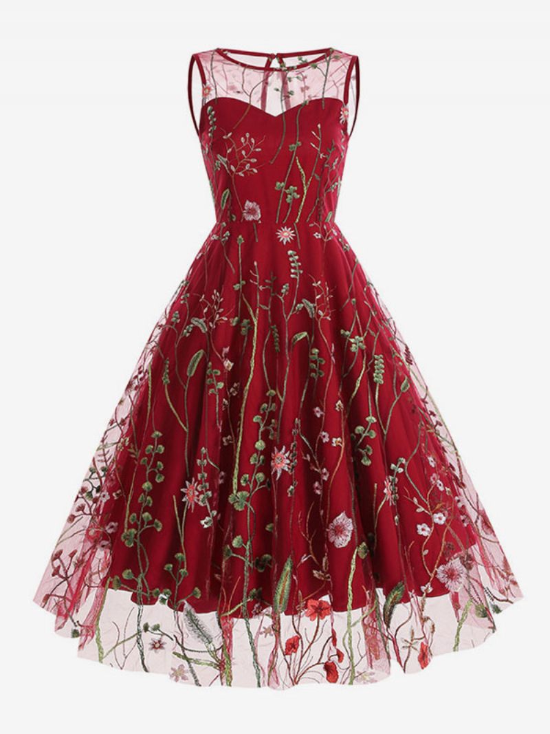 Robe Rétro Pour Femmes Des Années 1950. Style Audrey Hepburn Imprimé Floral Bleu Pure Broderie Sans Manches Col Bijou Rockabilly - Rouge