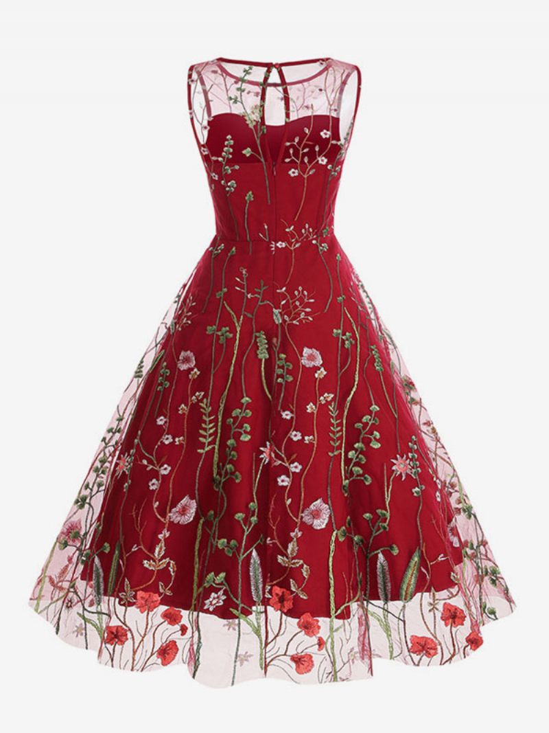 Robe Rétro Pour Femmes Des Années 1950. Style Audrey Hepburn Imprimé Floral Bleu Pure Broderie Sans Manches Col Bijou Rockabilly - Rouge