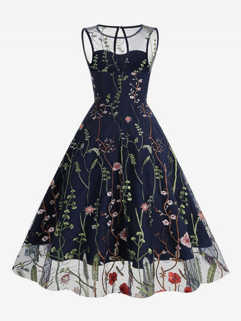 Robe Rétro Pour Femmes Des Années 1950. Style Audrey Hepburn Imprimé Floral Bleu Pure Broderie Sans Manches Col Bijou Rockabilly - Bleu