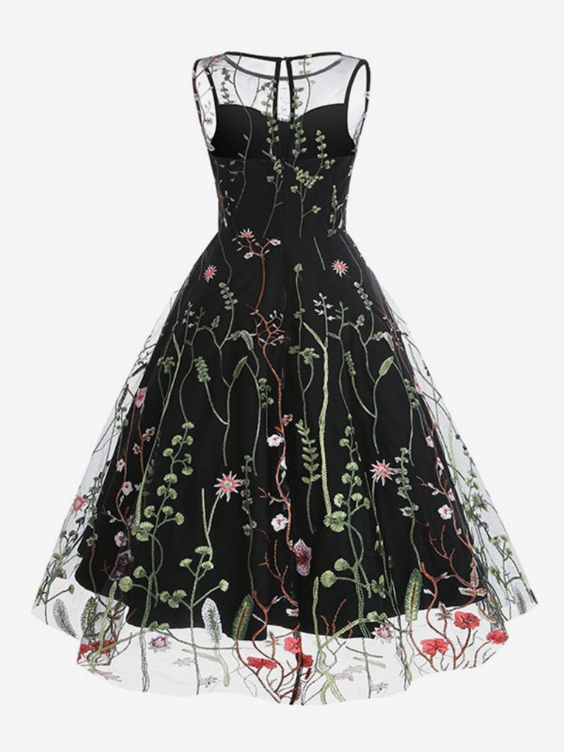 Robe Rétro Pour Femmes Des Années 1950. Style Audrey Hepburn Imprimé Floral Bleu Pure Broderie Sans Manches Col Bijou Rockabilly - Noir