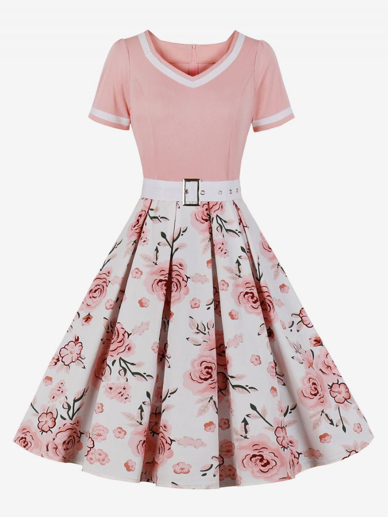 Robe Rétro Pour Femmes Des Années 1950. Style Audrey Hepburn Imprimé Floral Vert Ceinture Superposée Manches Courtes Col V Trapèze - Rose