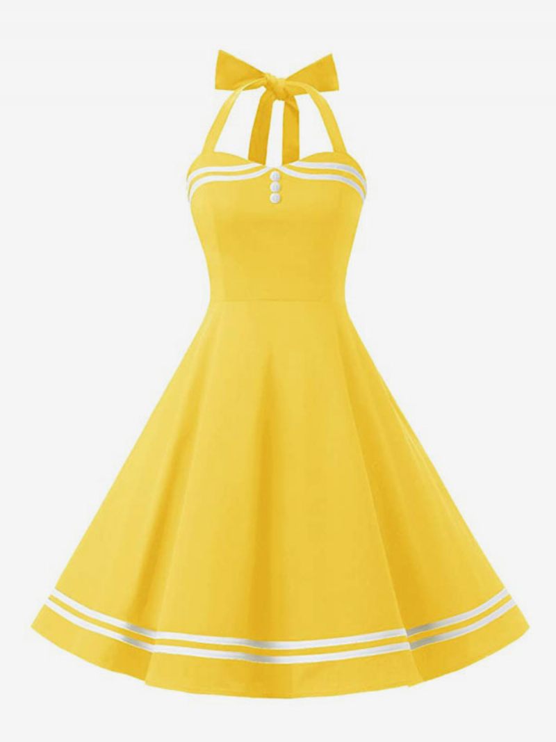 Robe Rétro Pour Femmes Des Années 1950 Style Audrey Hepburn Jaune À Carreaux Dos Nu Boutons Sans Manches Col Cœur Rockabilly Moyenne - Jaune