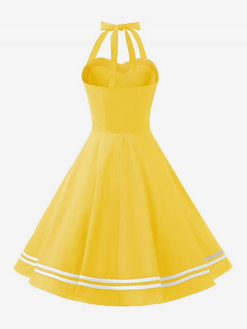 Robe Rétro Pour Femmes Des Années 1950 Style Audrey Hepburn Jaune À Carreaux Dos Nu Boutons Sans Manches Col Cœur Rockabilly Moyenne - Jaune