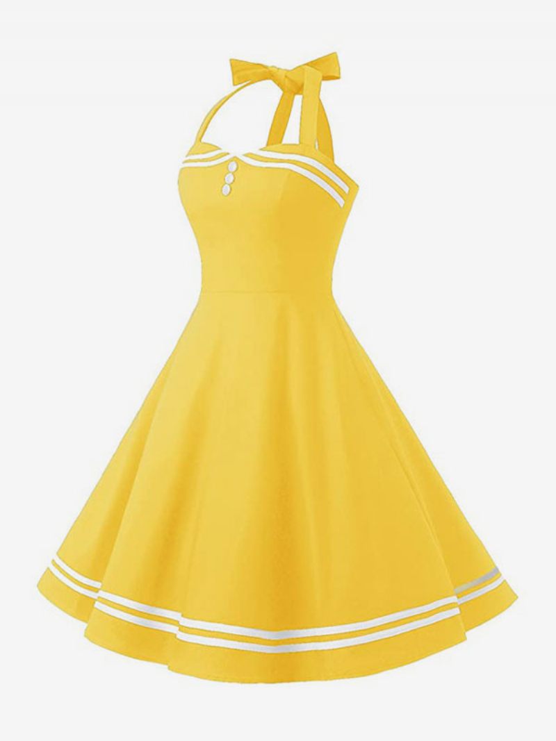 Robe Rétro Pour Femmes Des Années 1950 Style Audrey Hepburn Jaune À Carreaux Dos Nu Boutons Sans Manches Col Cœur Rockabilly Moyenne - Jaune