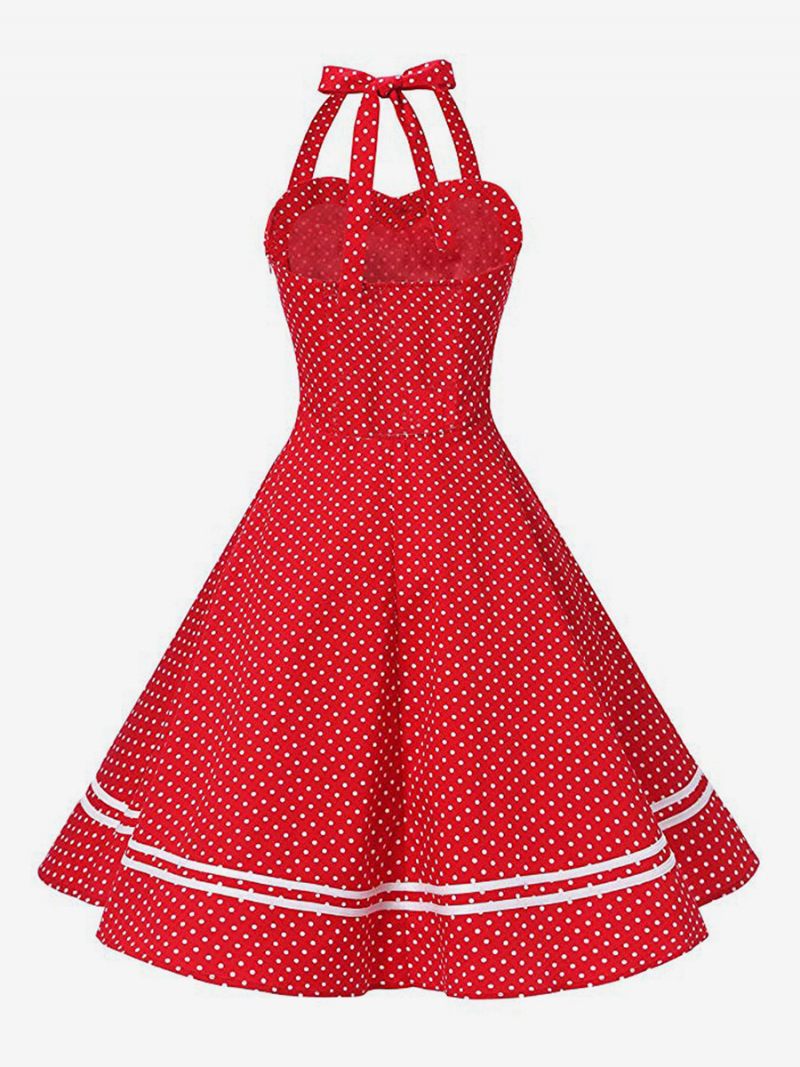 Robe Rétro Pour Femmes Des Années 1950 Style Audrey Hepburn Jaune À Carreaux Dos Nu Boutons Sans Manches Col Cœur Rockabilly Moyenne - Rouge