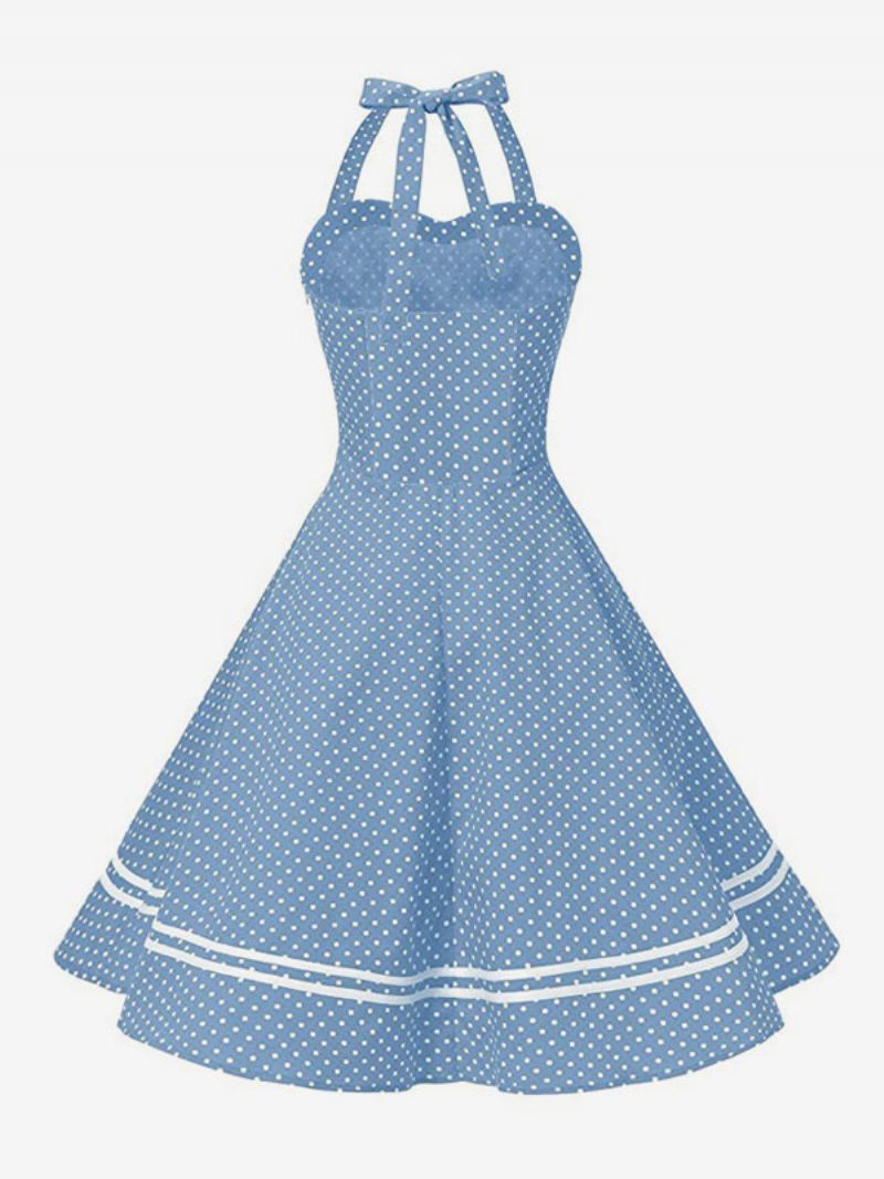 Robe Rétro Pour Femmes Des Années 1950 Style Audrey Hepburn Jaune À Carreaux Dos Nu Boutons Sans Manches Col Cœur Rockabilly Moyenne - Bleu Ciel Clair