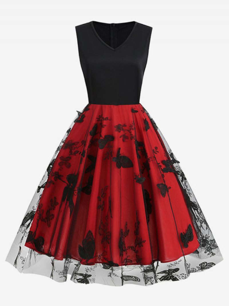 Robe Rétro Pour Femmes Des Années 1950. Style Audrey Hepburn Noire Bicolore Superposée Brodée Sans Manches Col V Rockabilly - Rouge