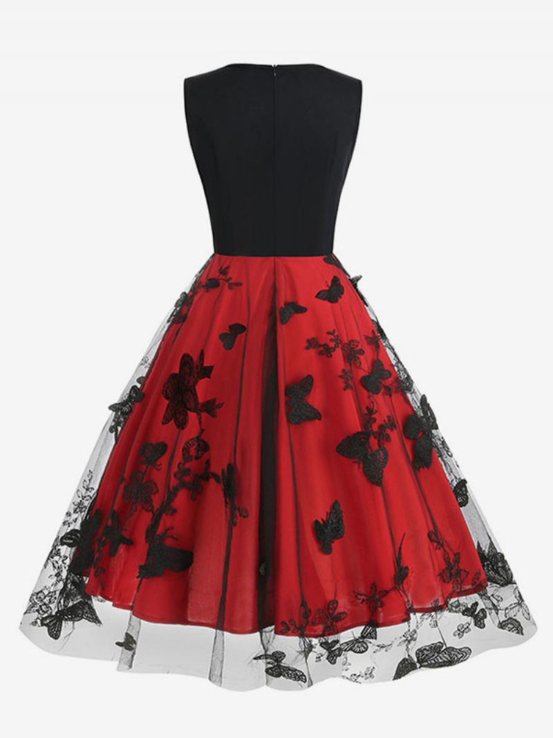 Robe Rétro Pour Femmes Des Années 1950. Style Audrey Hepburn Noire Bicolore Superposée Brodée Sans Manches Col V Rockabilly - Rouge