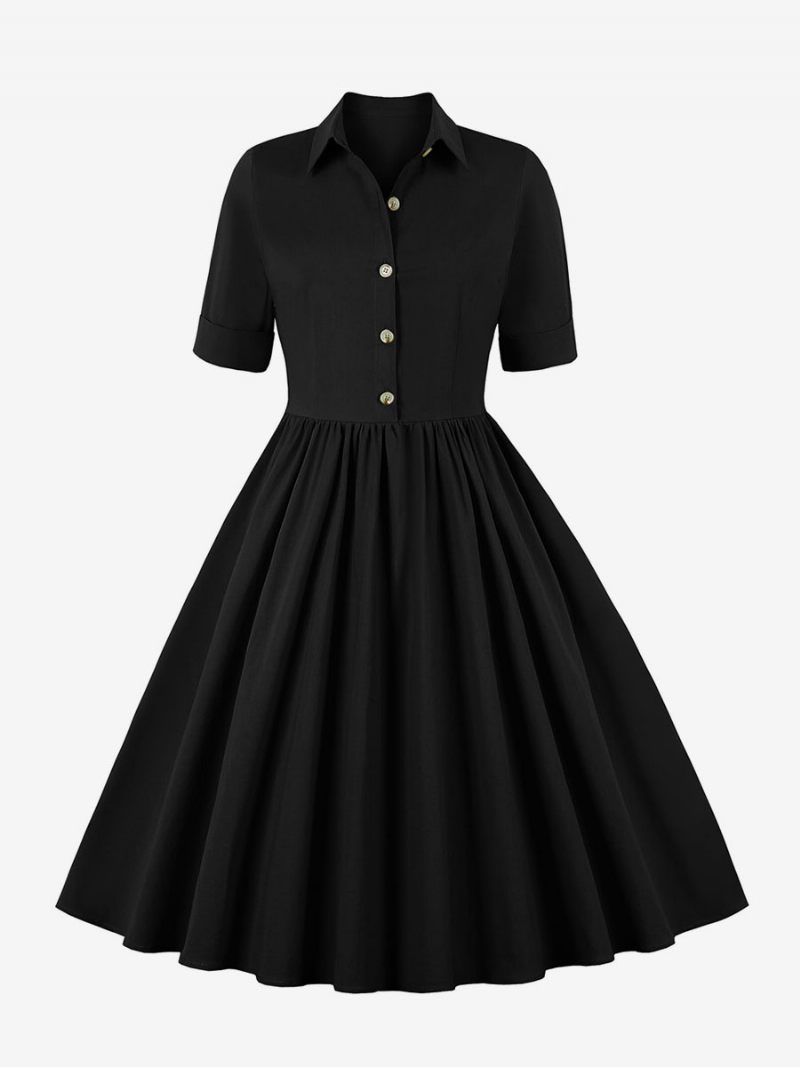 Robe Rétro Pour Femmes Des Années 1950. Style Audrey Hepburn Noire Manches Courtes Col Rabattu Trapèze - Noir