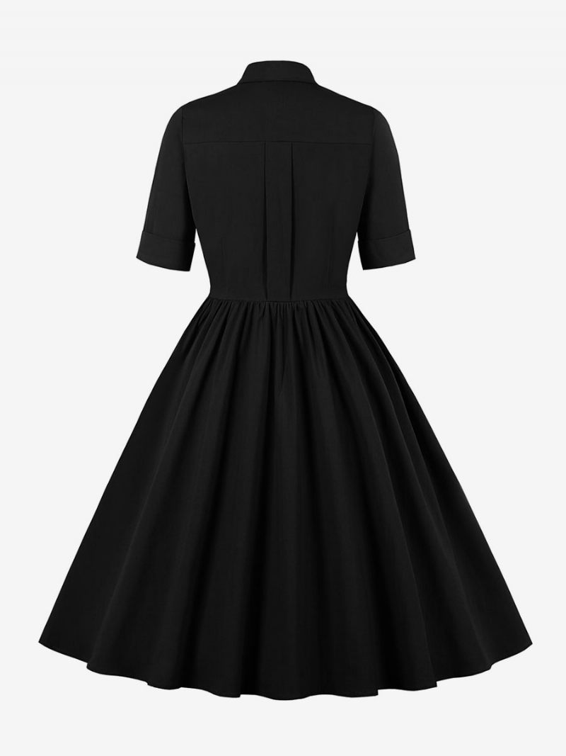 Robe Rétro Pour Femmes Des Années 1950. Style Audrey Hepburn Noire Manches Courtes Col Rabattu Trapèze - Noir