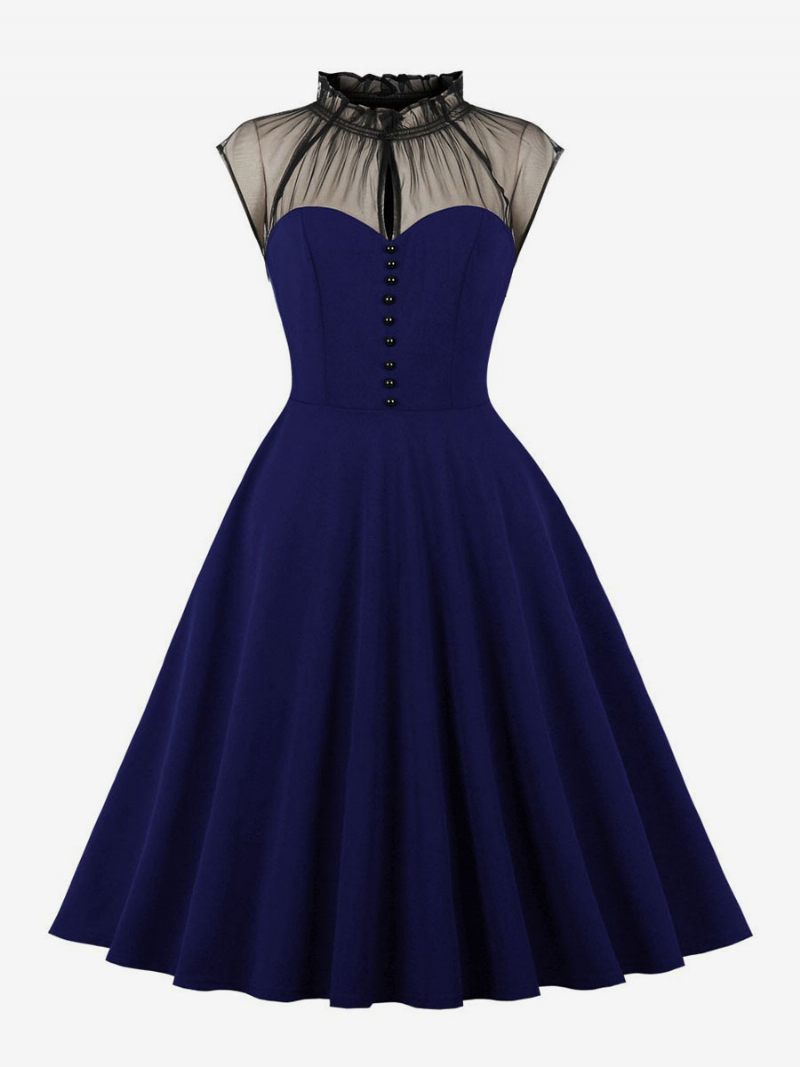 Robe Rétro Pour Femmes Des Années 1950. Style Audrey Hepburn Sans Manches Longueur Aux Genoux Rockabilly - Bleu Profond