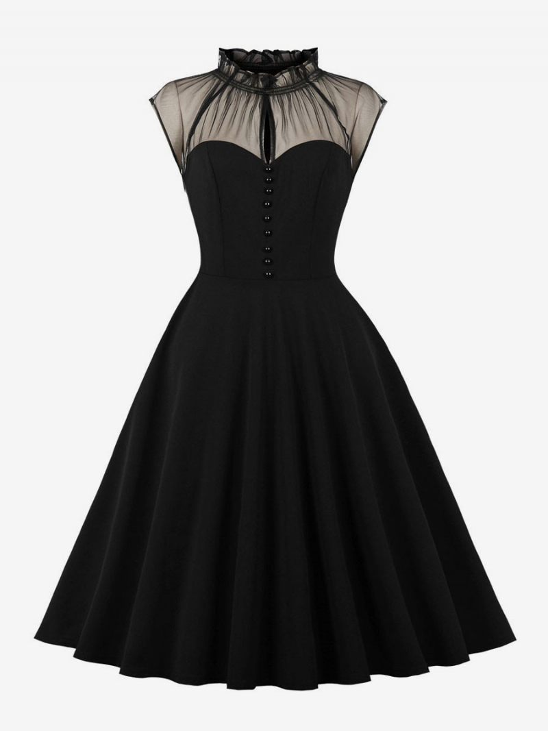 Robe Rétro Pour Femmes Des Années 1950. Style Audrey Hepburn Sans Manches Longueur Aux Genoux Rockabilly - Noir