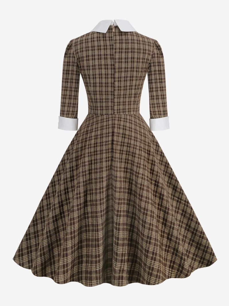 Robe Rétro Pour Femmes Nœuds À Carreaux Écossais Style Audrey Hepburn Robes Élégantes - Marron Café