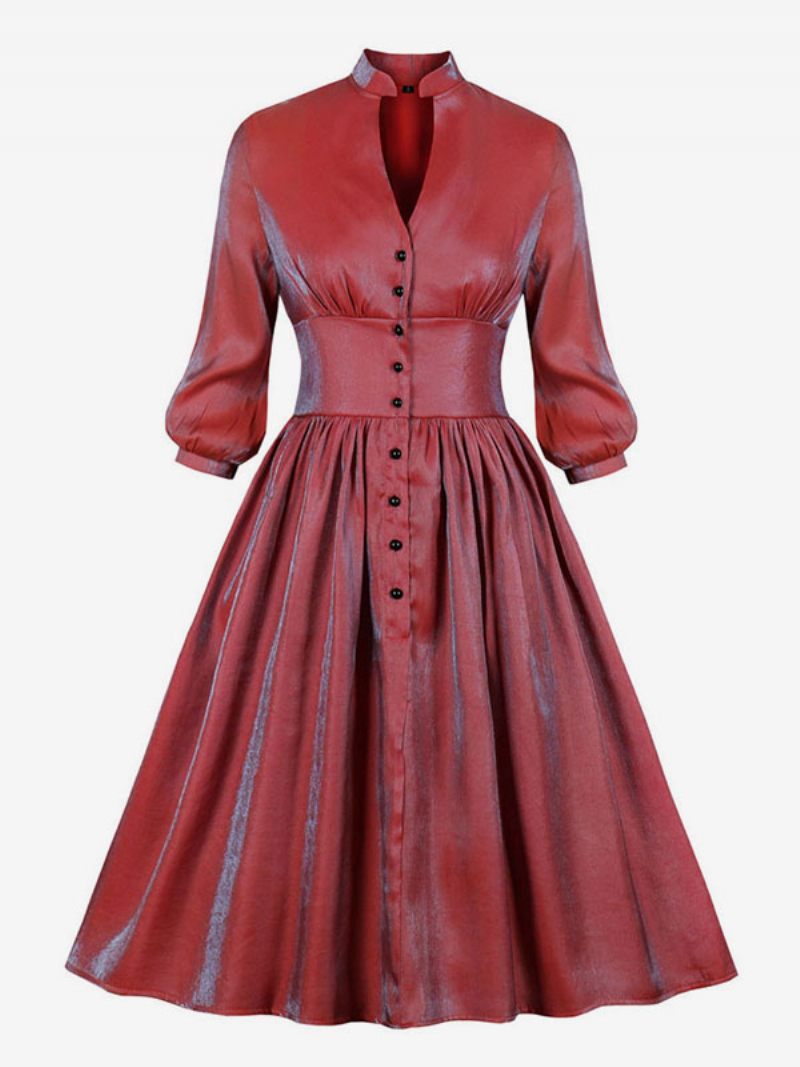 Robe Rétro Noël Pour Femmes Des Années 1950. Style Audrey Hepburn Rouge Ombré Manches Longues Col V Rockabilly