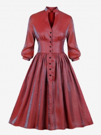 Robe Rétro Noël Pour Femmes Des Années 1950. Style Audrey Hepburn Rouge Ombré Manches Longues Col V Rockabilly