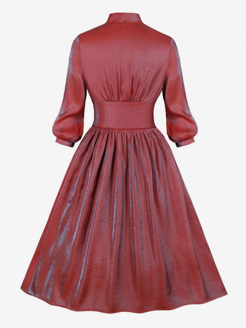 Robe Rétro Noël Pour Femmes Des Années 1950. Style Audrey Hepburn Rouge Ombré Manches Longues Col V Rockabilly - Rouge