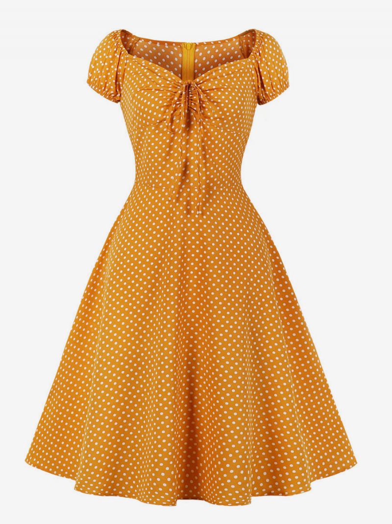 Robe Rétro Style Audrey Hepburn Des Années 1950 Pour Femme Col V Nouée Manches Courtes Pois Trapèze Midi