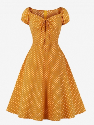 Robe Rétro Style Audrey Hepburn Des Années 1950 Pour Femme Col V Nouée Manches Courtes Pois Trapèze Midi