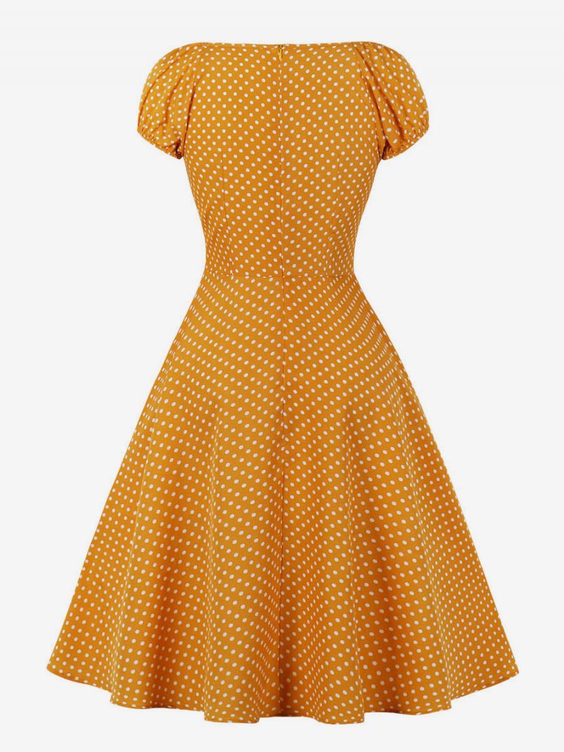 Robe Rétro Style Audrey Hepburn Des Années 1950 Pour Femme Col V Nouée Manches Courtes Pois Trapèze Midi - Orange